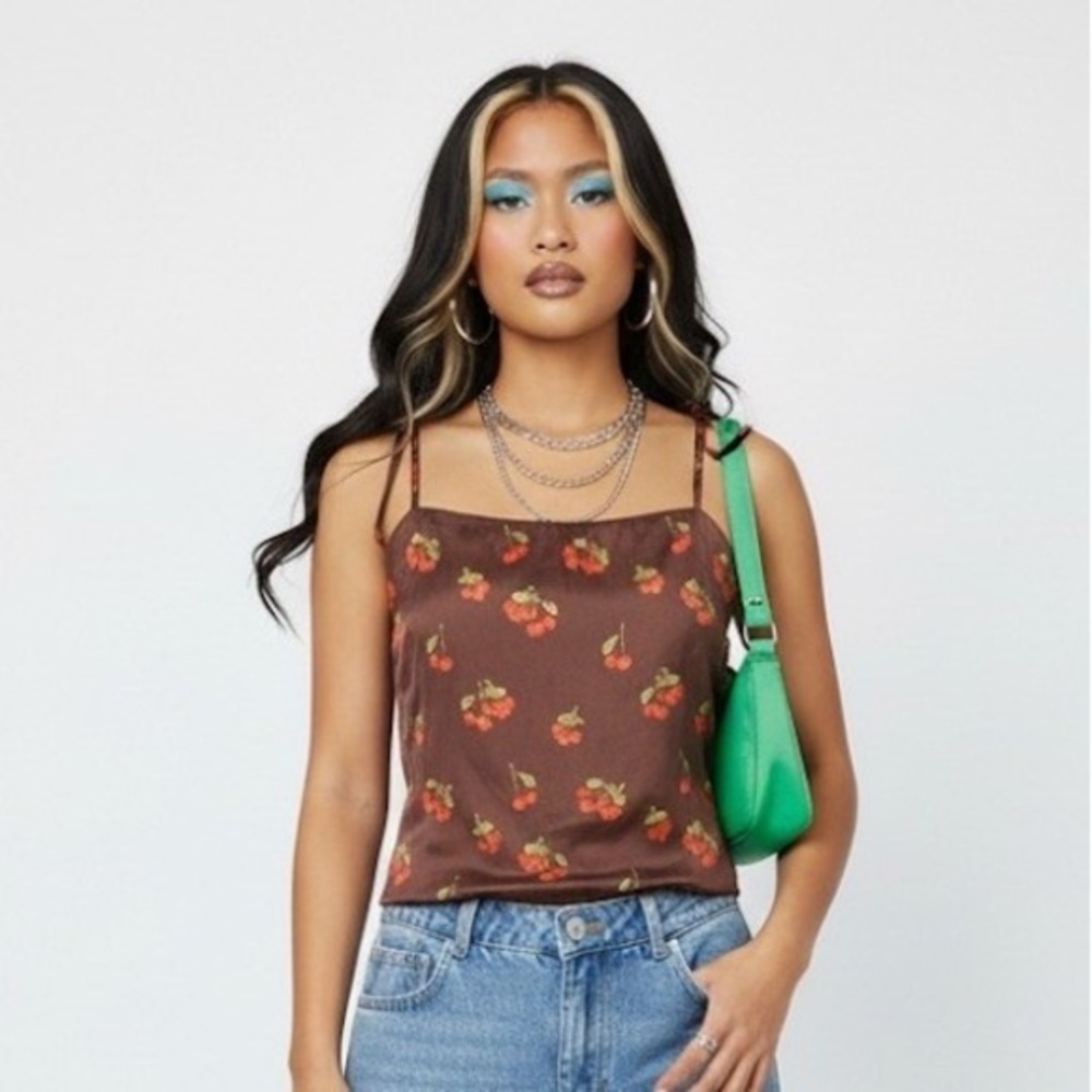 Urban‎ Outfitters Brown Cherry Print Smocked Camisole Tank Top XS
